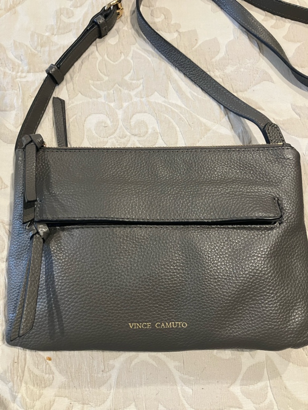 Vince Camuto Pebbled Leather Crossbody - Charcoal Gray with Gold Accents